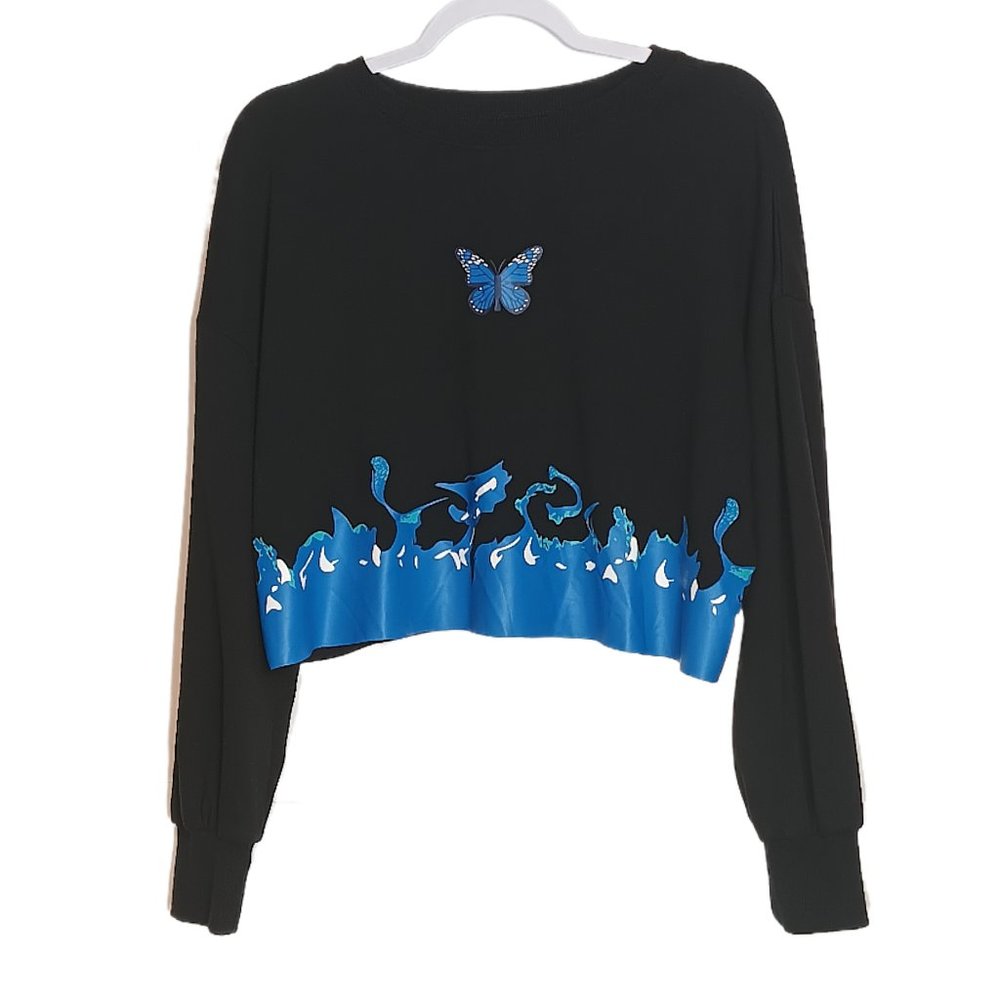 Shein Graphic Butterfly Sweatshirt Womens Large Black Crop Top Long Sleeve